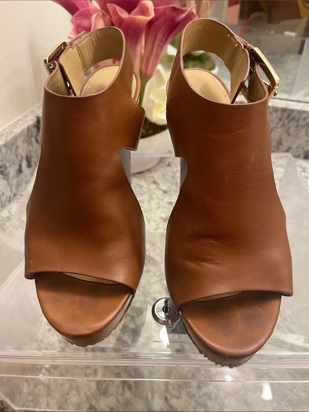 Michael Kors Tan Leather Open-Toe Slingback Wedge Sandals